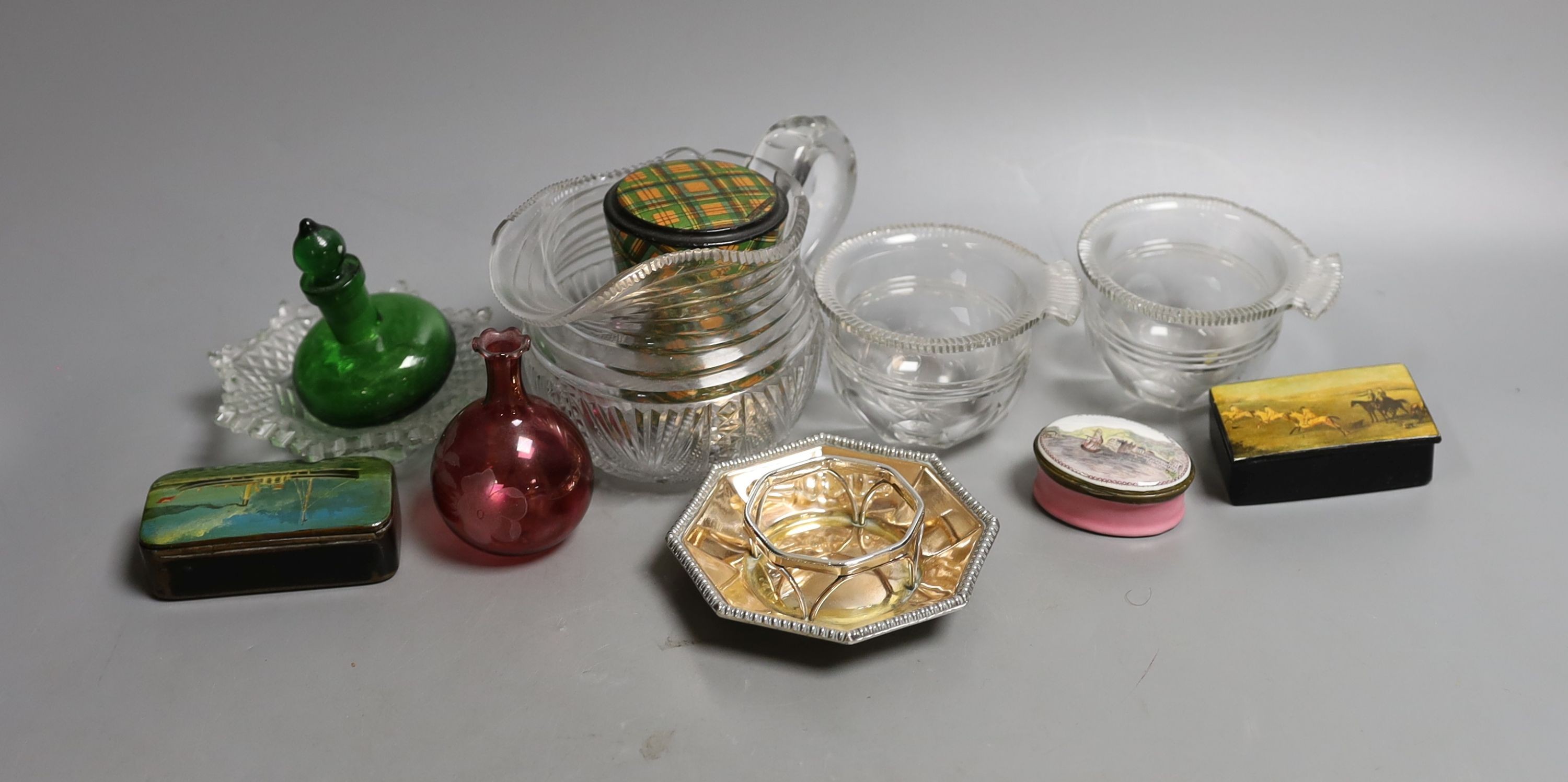 A Mauchlineware glass tumbler, a South Staffordshire enamel oval patch box, cut glass jug etc - 10 in total